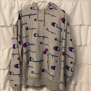 Men’s Champion all over logo hoodie. Size L
